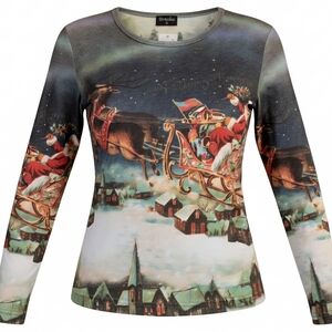 Vintage Breeke Art to Wear Christmas Top Santa Reindeer Scene Small NWT